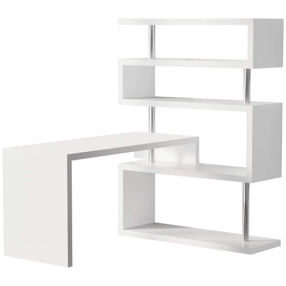 L-Shaped White Desk with Rotating Shelves and Multi-Tier Storage for Home and Office Use