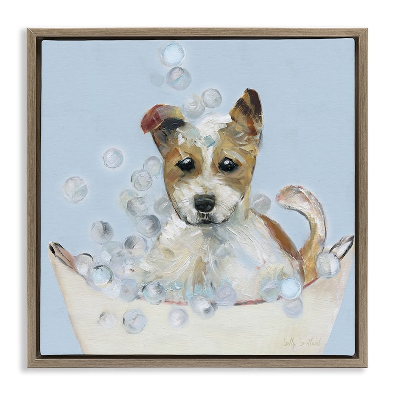 Stupell Fun Bubbles Puppy Bath Framed Floater Canvas Wall Art Design By Sally Swatland - 18 x 18 - Brown