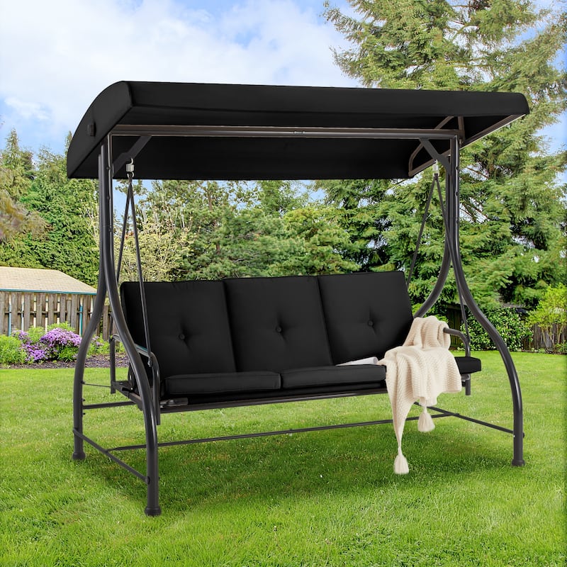 AECOJOY 3-Seat Outdoor Porch Swing w/ Canopy Outdoor Swing Bed - Black