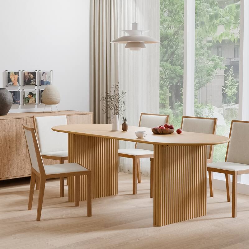 Large Oval Dining Table Seats 4-6 Modern Farmhouse Kitchen Table with Wood Strip Base for Home Living Room Kitchen Bar