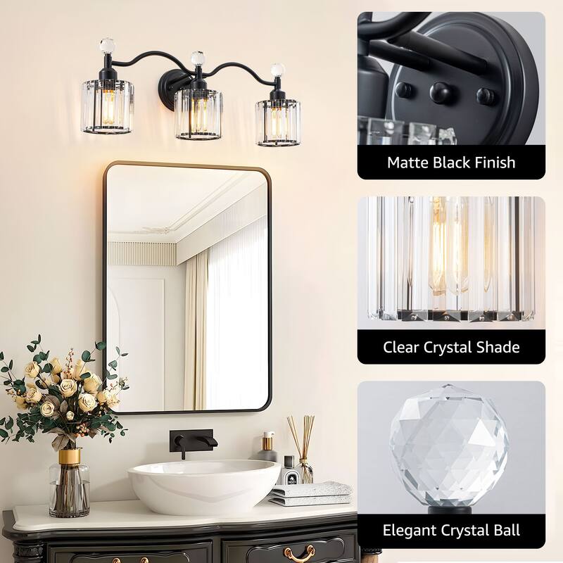 Starsky 3-Light Modern Crystal Bathroom Vanity Fixture with Ribbed Glass Shades and Sparkling Crystal Ball Accents