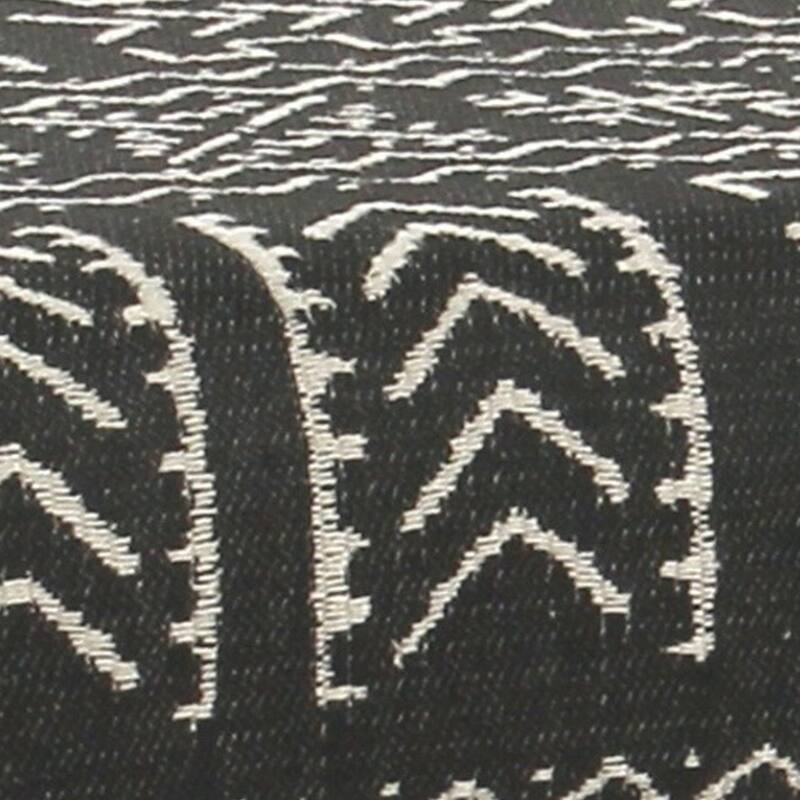 Tribal Pattern Fabric Upholstered Ottoman with X Shape Metal Legs, Black and Cream