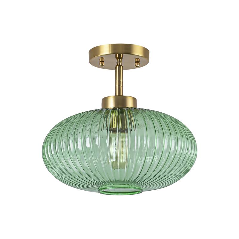 1-Light Vintage Brass Glass Semi Flush Mount Ceiling Light for Entryway
