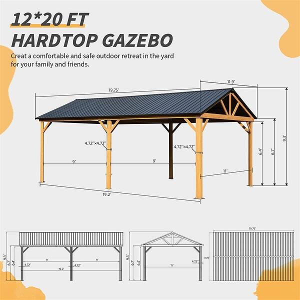 Hardtop Gazebo, Galvanized Steel Gable Roof Gazebo Pergola with Wood