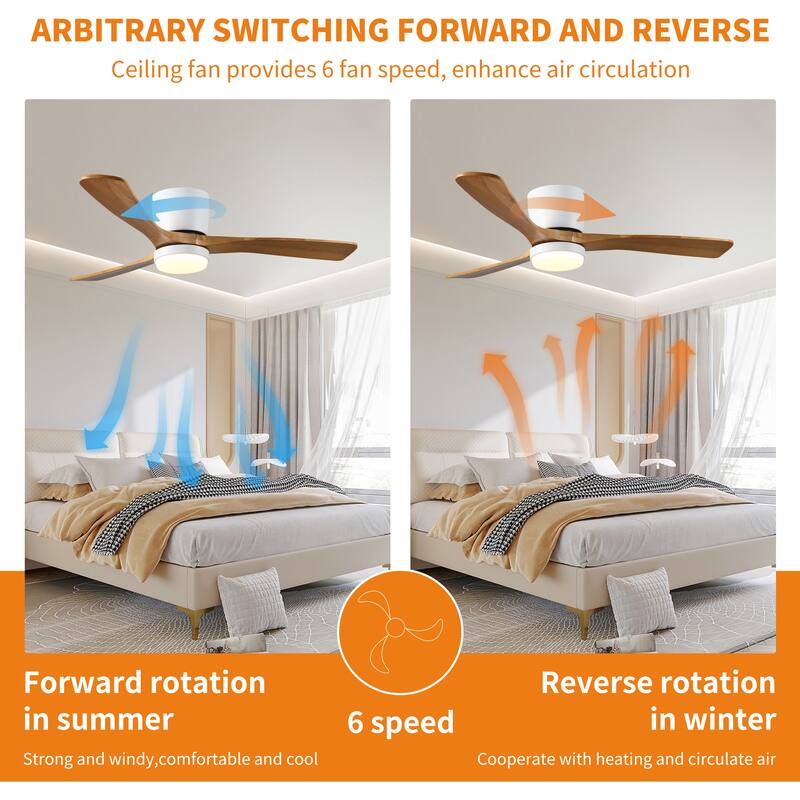 52 Inch White Wood Ceiling Fan Light Remote Flush Mount Low Profile 6 Speed Reversible DC Motor