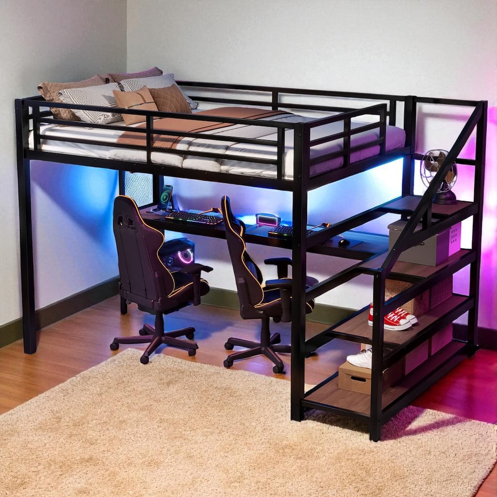 Full/Queen Size Metal Loft Bed with Desk, Storage Stairs, LED Lights, USB Ports and Pegboard, No Box Spring Needed