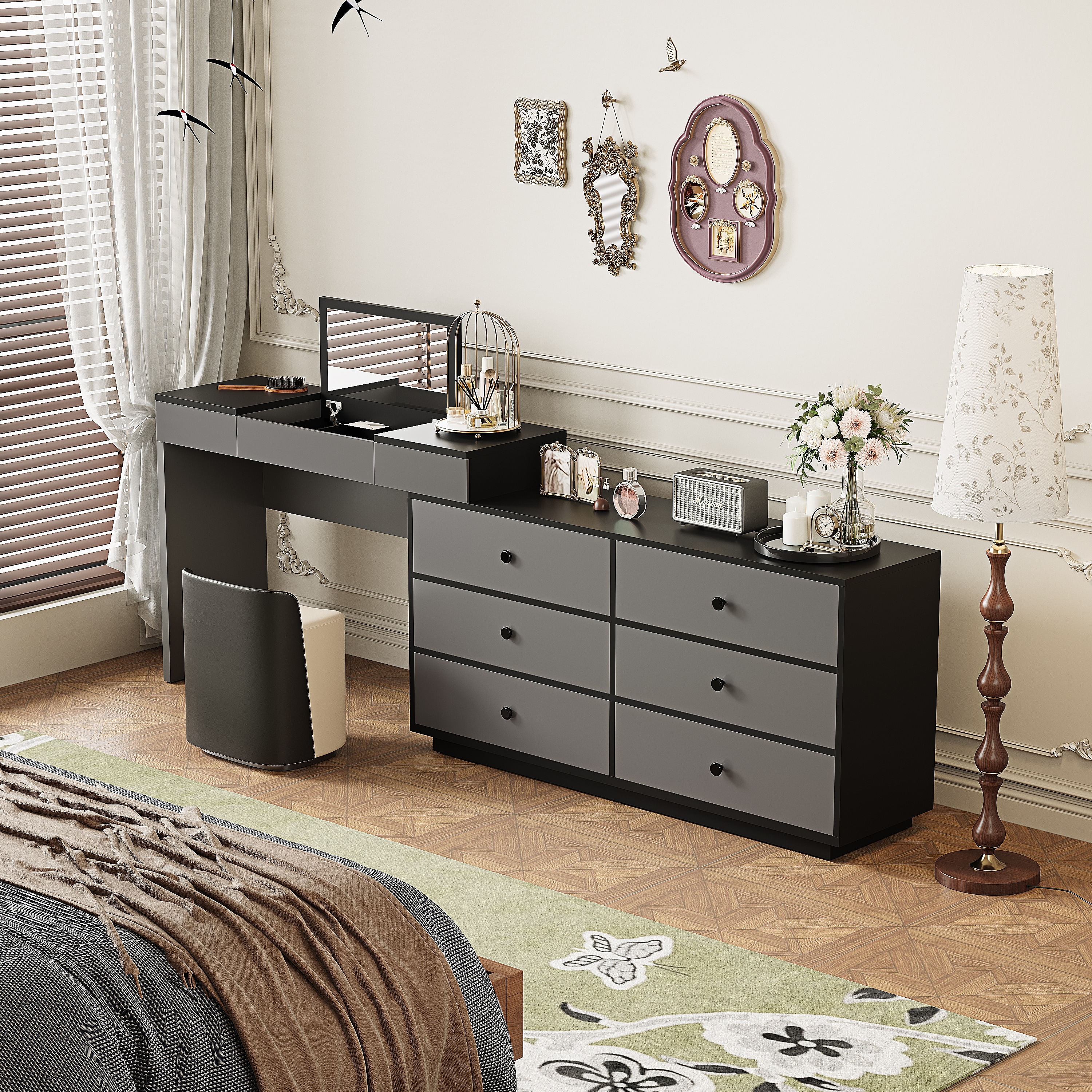 black dresser desk combo Amazon.com: RoyalCraft Vanity Desk and Dresser Combo, 67" Extendable Big  Makeup Vainty with 6 Drawer Dresser and 3 Side Shelves, Wood Corner Vanity  for Bedroom, Dressing Table for Women Girlfriend, Black :