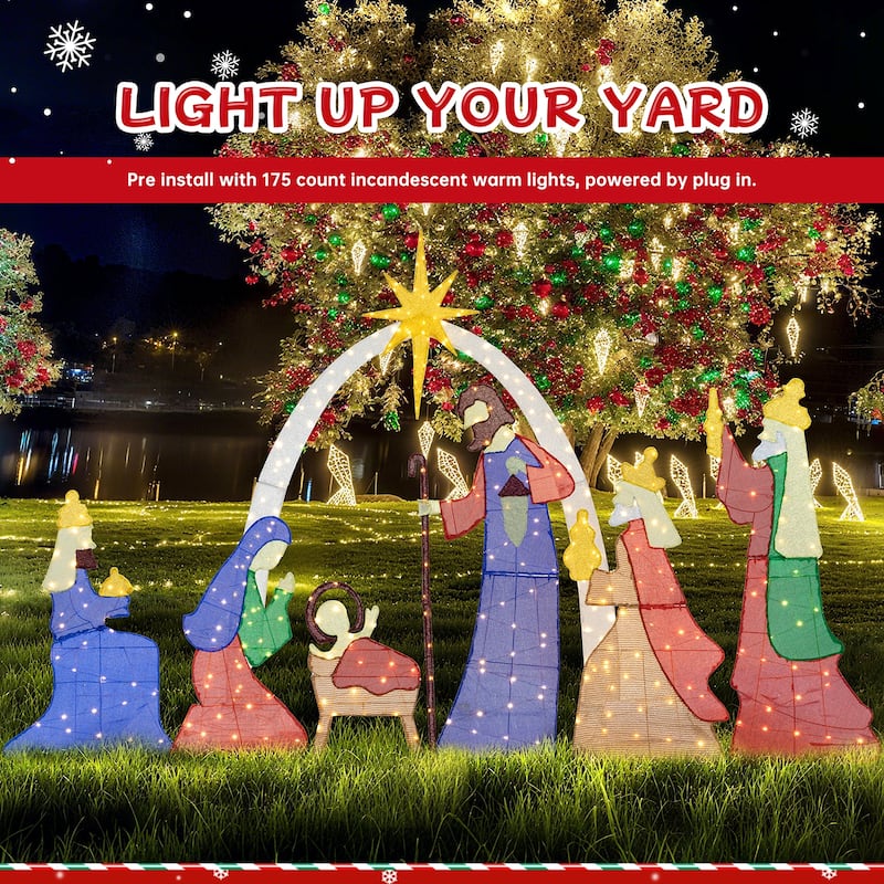 Nativity Scene Christmas Light Set, Pre-Lit Outdoor Decoration - Gold
