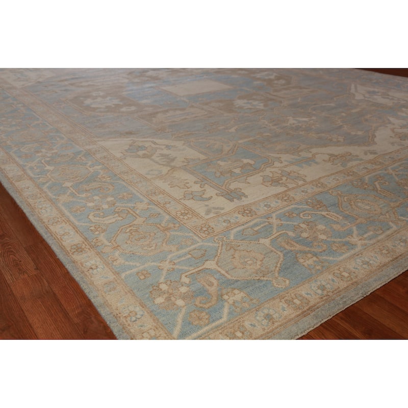 Hand Knotted Oriental 100% Wool Carpet Transitional Medallion Navy Blue & Blues Oushak Area Rug - 13' 7'' X 10' 0''