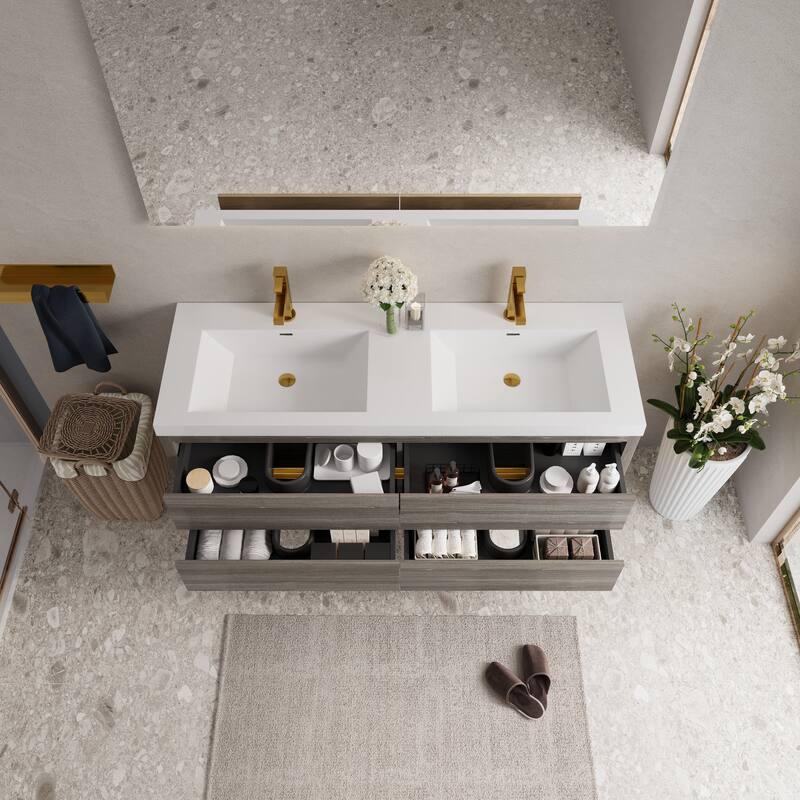 Wall-Mounted Bathroom Vanity with White Stone Resin Top