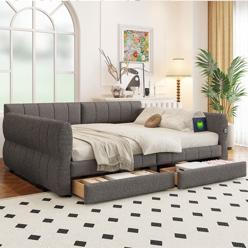 Upholstered Daybed with 2 Storage Drawers, Queen Size Sofa Bed Frame with USB Ports Design and Wood Slats Support