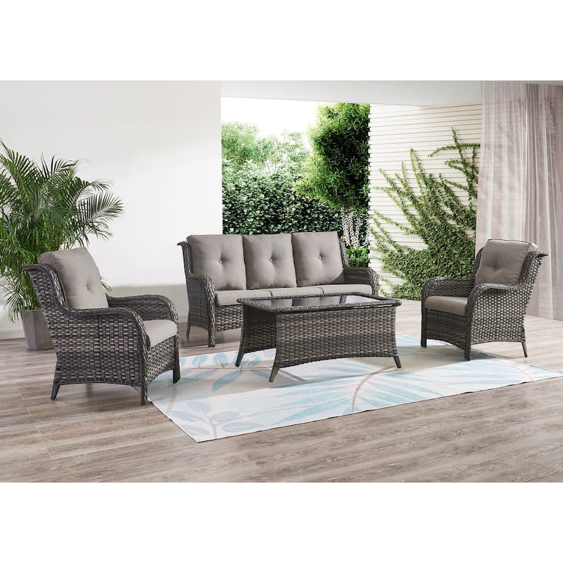 Gymojoy Outdoor Wicker Patio Sofa 3-Seat Rattan Sofa Furniture - Brwon/Grey