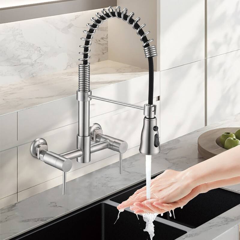 Double Handle Wall Mounted Spring Neck Bridge Kitchen Faucet - Brushed Nickel