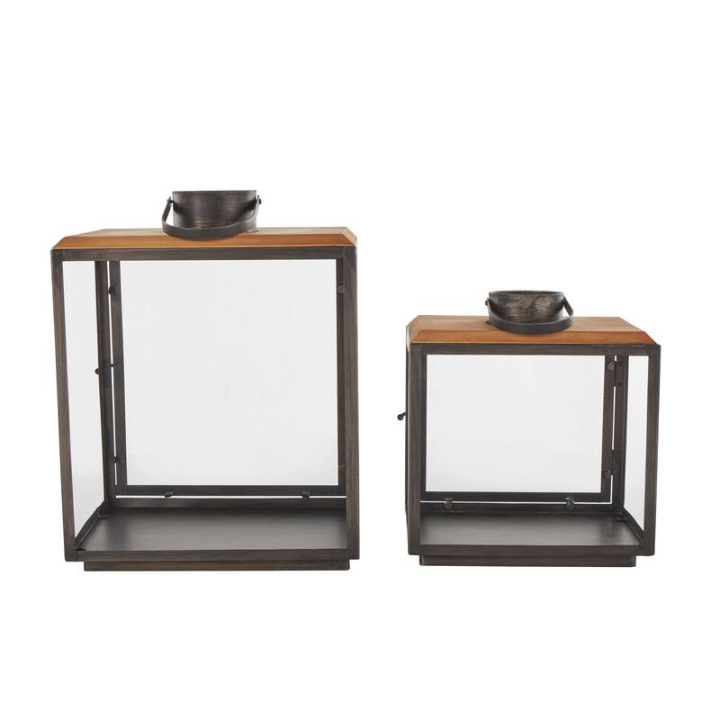Dark Gray Metal Brushed Rectangular Indoor Outdoor Candle Lantern with Brown Wood Tops (Set of 2)
