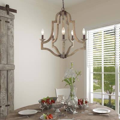 Gula Modern Farmhouse 5-Light Distressed Wood Candle Chandelier Lantern Hanging Pendant Light - L23.2" xW23.2 "xH24"
