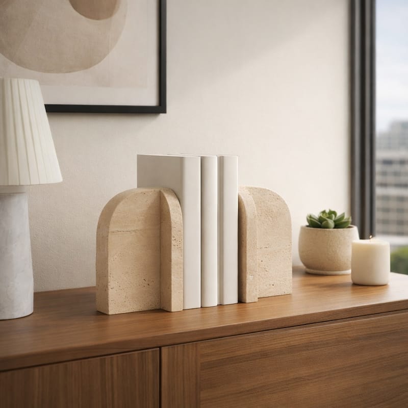 Stone Marble Arched Design Bookends Set - Tan, 6" - 6.0"