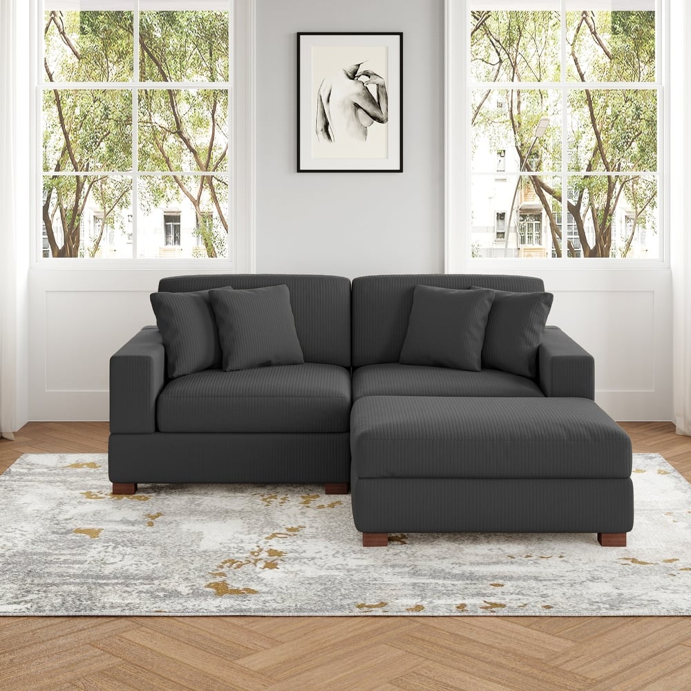 Ella 82" W/ 118" W Corduroy Modular Sectional Sofa with Ottoman