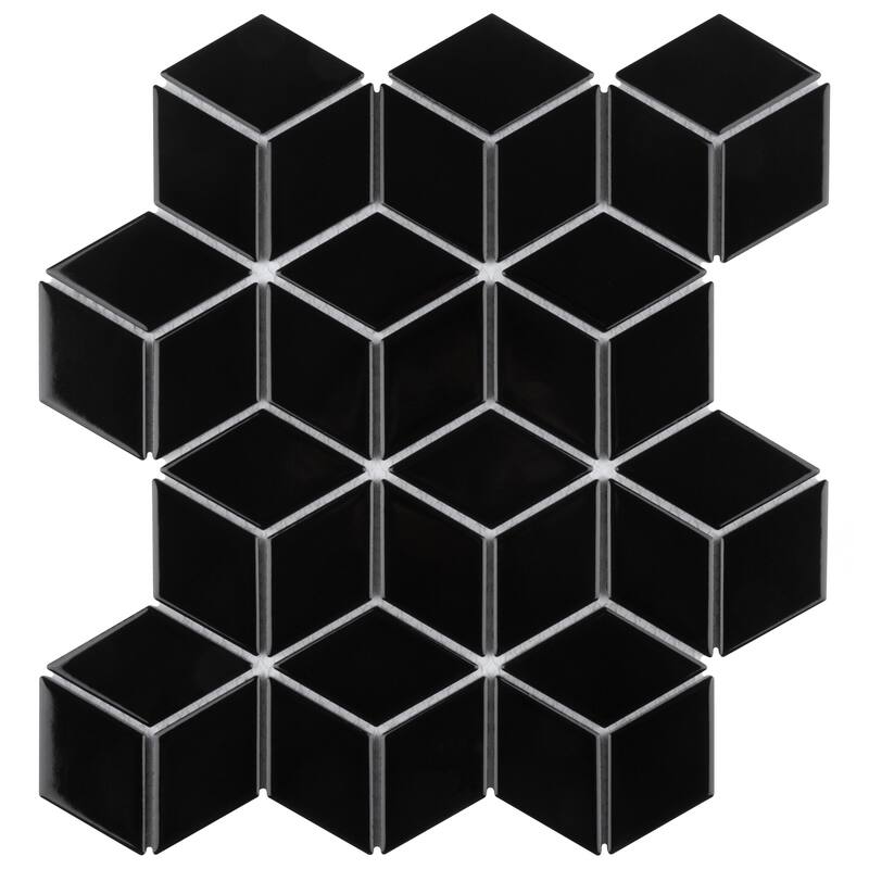 Merola Tile Metro Rhombus Glossy Black 10-1/2" x 12-1/8" Porcelain Floor and Wall Tile