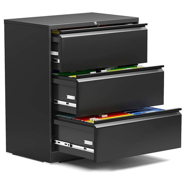AOBABO 3 Drawer Lateral File Cabinet w/ Lock for Letter/Legal Size Paper, Black - Black