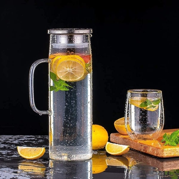 Glass Jug Water Carafe Made of Borosilicate Glass, 44 oz - 1300 ml Glass Jug with Lid, Glass Jug for Cold and Hot Water - Clear