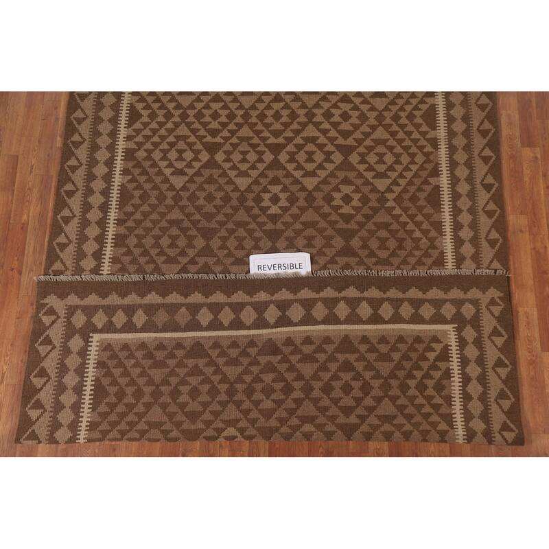 Hand Woven Oriental 100% Wool Carpet Southwestern Geometric Brown Kilim Area Rug - 9' 5'' X 6' 10''