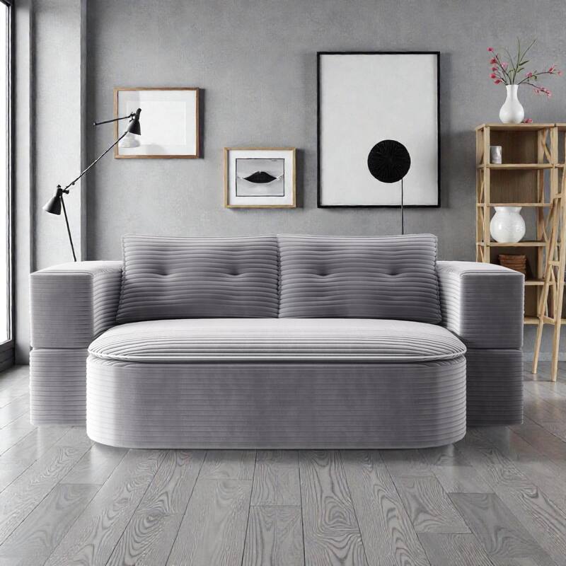 78.7 Inch Convertible Floor Sofa Bed, Plush Corduroy Sleeper Couch with Blanket and 2 Pillows, Deep Seat - Light Grey