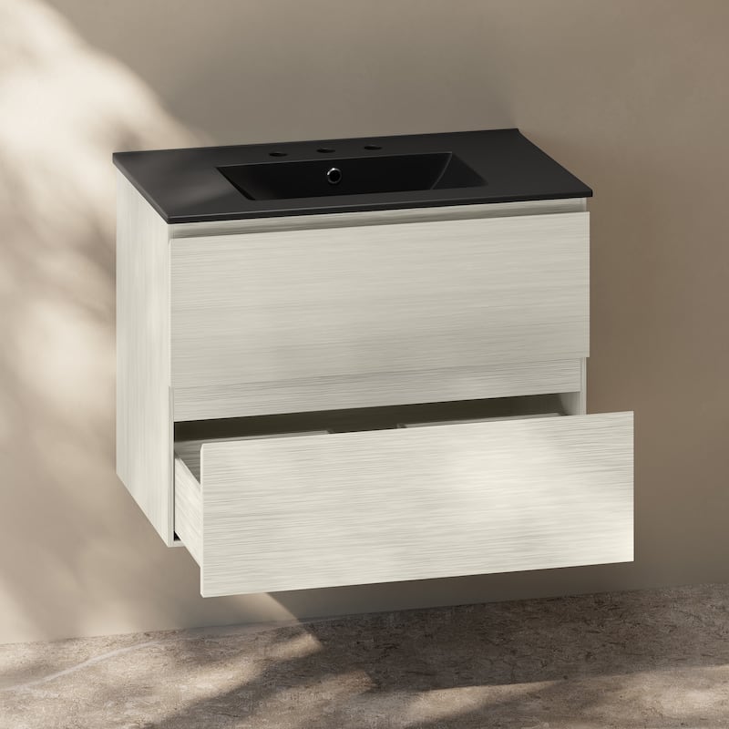 Liberte 30" Wall-Mounted Bathroom Vanity In White Oak With Black 3-Hole Widespread Sink Top - 30