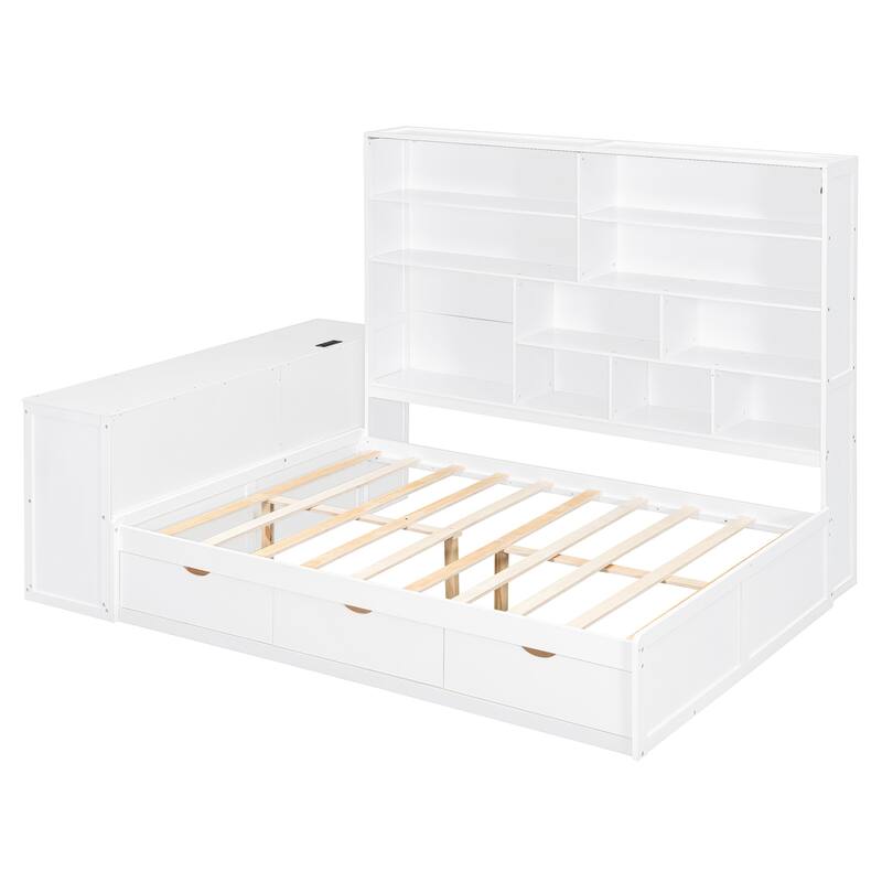 Modern Storage Bed Frame with 3 Drawers, All-in-One Bookshelf, Desk, Full Size Daybed with Wood Slats Support for Bedroom