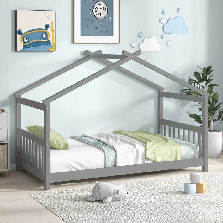 Twin House Bed Frame for Kids with Roof Design and Wood Slat Support - Grey