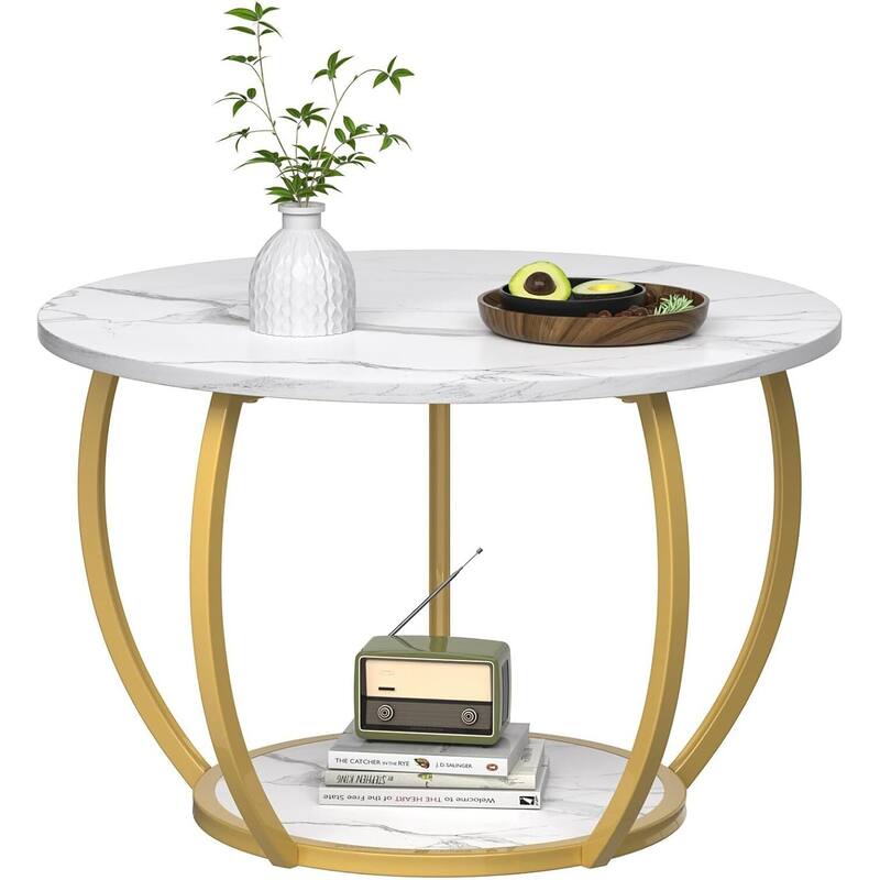 Round Farmhouse Coffee Table w/Storage & Adj. Feet for Small Spaces - Marble