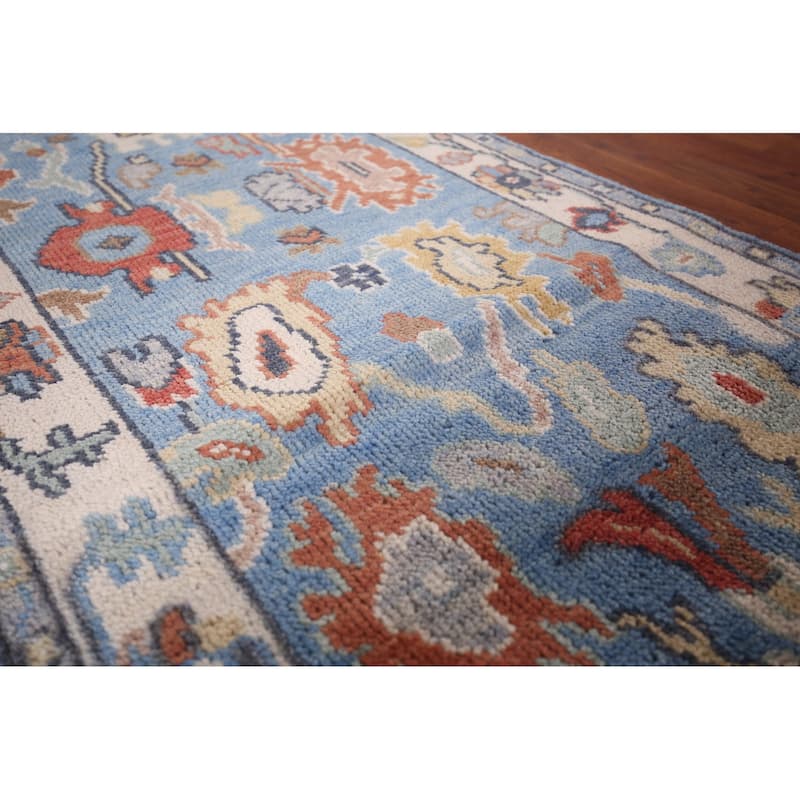 Light Blue Oushak Oriental Runner Rug Hand-Knotted Wool Carpet - 2'5"x 13'9"