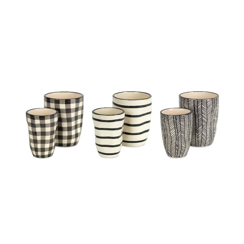HomeRoots Set of Six Black And Ivory Ceramic 2 Ounce Geometric Round Pot Planters - 3.75 in. x 5.00 in. x 3.75 in.