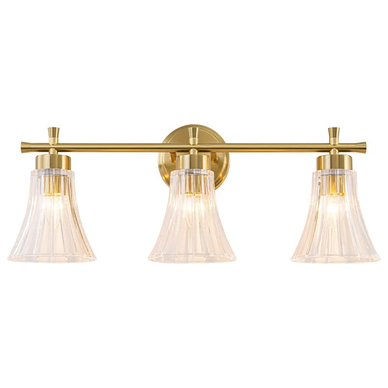 Gold Metal Wall Sconce Ribbed Trumpet Glass Shade for Bathroom Vanity