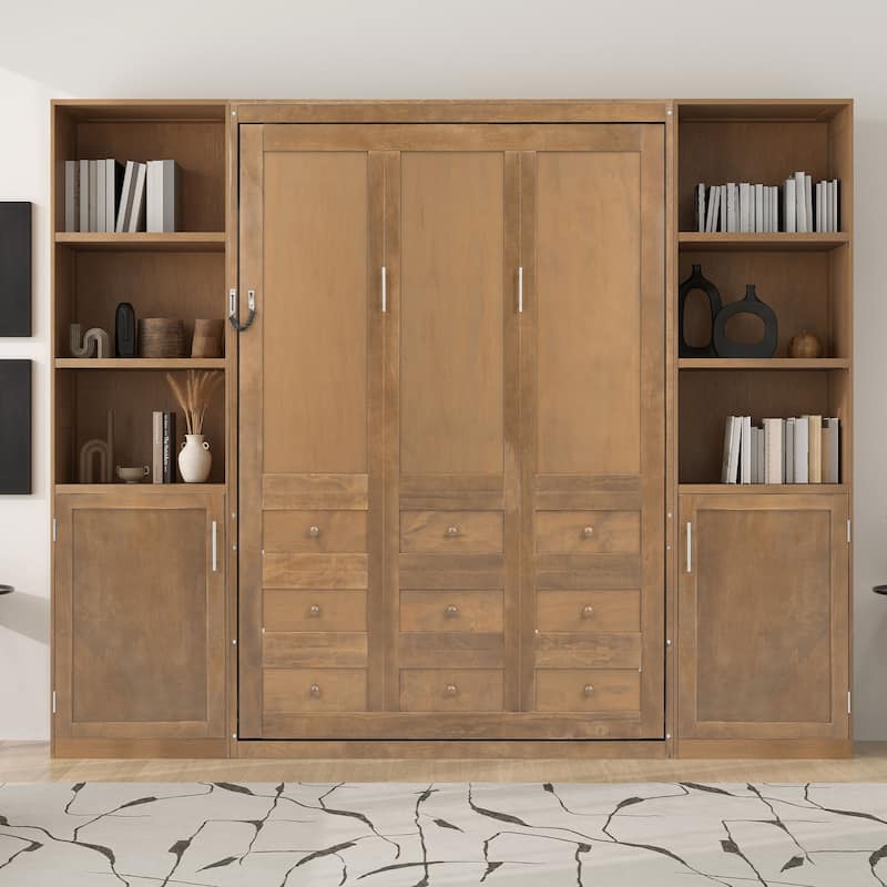 Queen Murphy Bed Wall Bed with Open Shelves and Enclosed Cabinets on Sides Multifunctional Space-Saving Solution for GUest Room