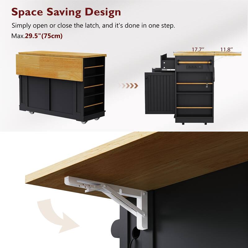 48" Large Kitchen Island with Drop Leaf,Power Outlet,For Kitchen,Dining Room(Not Include Stools)