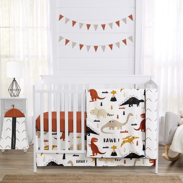 slide 2 of 6, Mod Dino Boy Girl 4pc Nursery Crib Bedding Set - Orange Tan Rust Taupe Mustard Yellow Beige Black Modern Dinosaur Boho Arrow