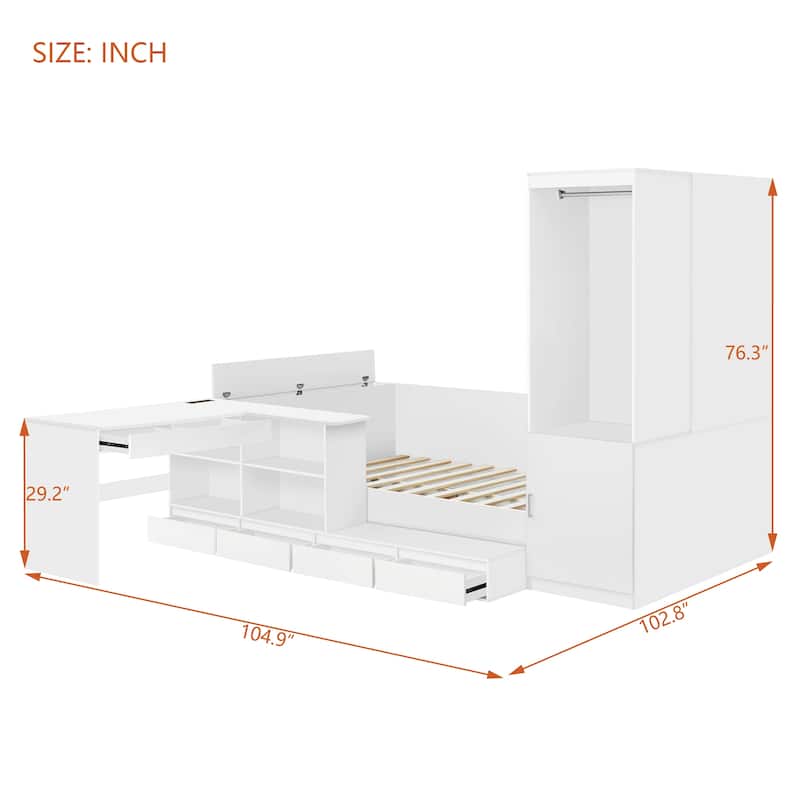 Versatile Storage Bed Frame with 6 Drawers, Shelves, Wardrobe and Side Storage, Full Size Wooden Platform Bed with L Shaped Desk