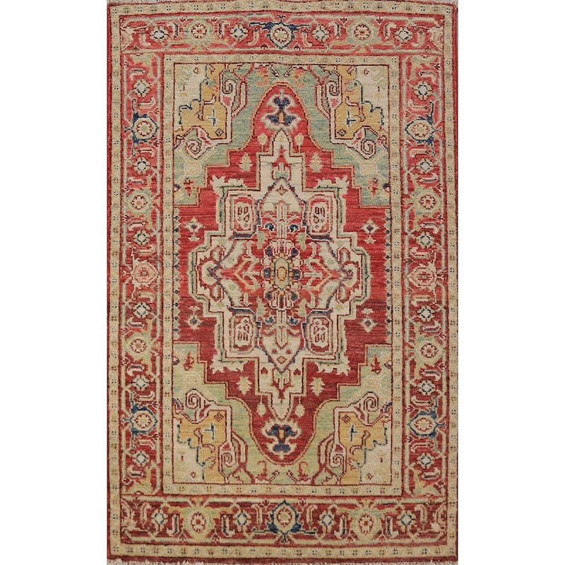 Heriz Serapi Vegetable Dye Accent Rug Geometric Handmade Wool Carpet - 3'0"x 4'10"