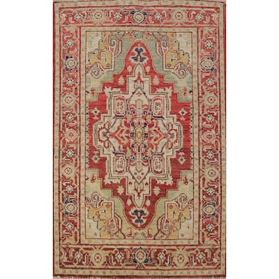 Heriz Serapi Vegetable Dye Accent Rug Geometric Handmade Wool Carpet - 3'0"x 4'10"