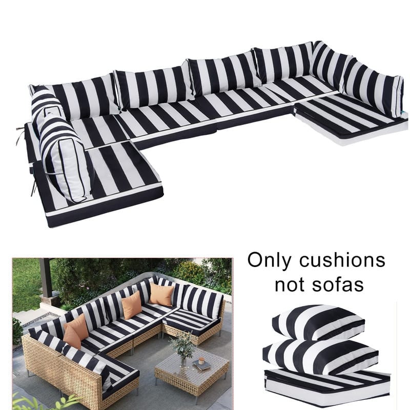 14 Pcs Outdoor Furniture Replacement Cushions Fits 6-seat Sectional Rattan Conversation Set (Only cushions+covers, no sofa.) - Black & White Stripes