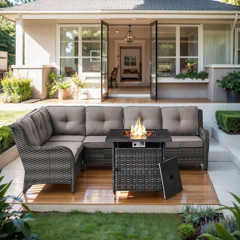 Outdoor Sectional Patio Sofa with Fire Pit Table - Grey - Grey