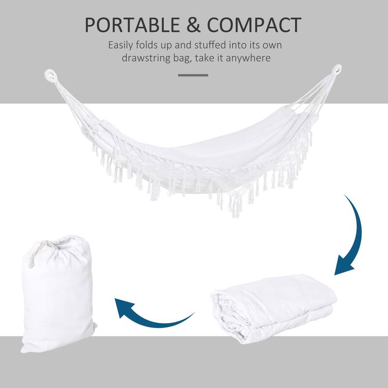 Outsunny Brazilian Style Hammock Extra Large Cotton Hanging Camping Bed with Carrying Bag, for Patio Backyard Poolside, White