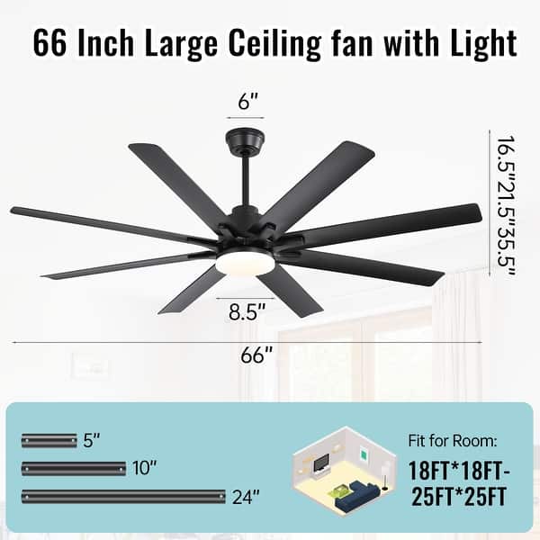 dimension image slide 0 of 8, 48in/52in/66in/72in/84in Industrial Matte Black Large Windmill Ceiling Fan with Light and Remote