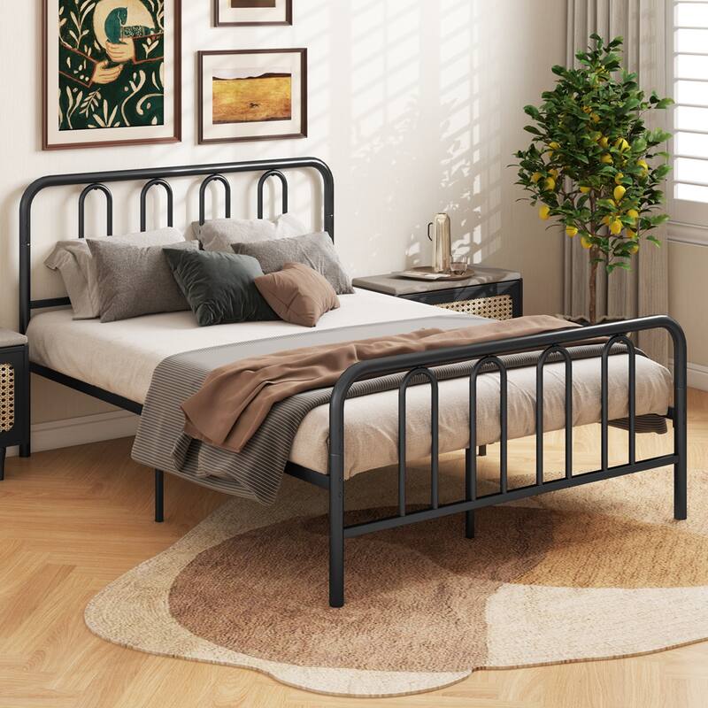 Gymax Stylish Full Size Metal Bed Frame Platform Bed Base w/ Headboard - Black - Full