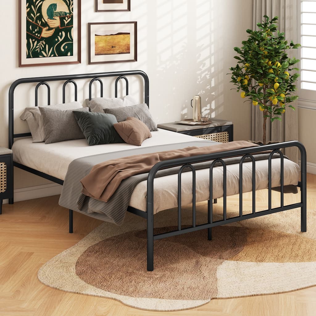 Gymax Stylish Full Size Metal Bed Frame Platform Bed Base w/ Headboard