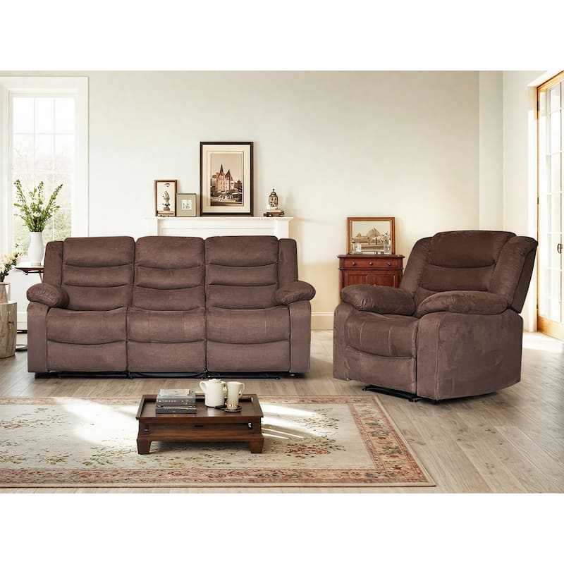 2-Piece Suede Fabric Manual Reclining Living Room Sofa Set - Recliner+Sofa - Brown
