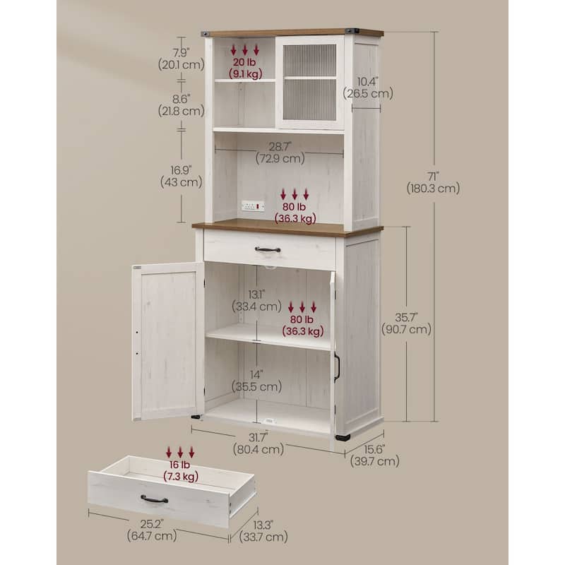 71" Modern Kitchen Pantry Storage Cabinet with Adjustable Light and Charging Station for Bar or Dining Room
