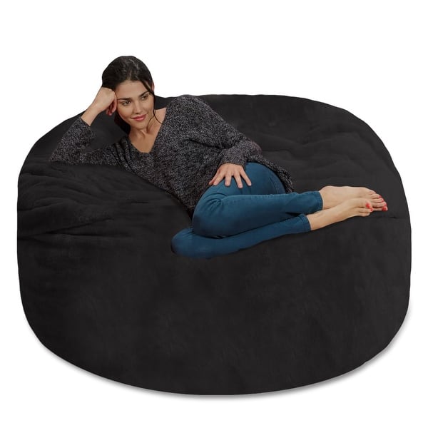 Bean Bag Chair 5-foot Memory Foam Removable Cover Bean Bags - Soft Faux Rabbit Fur Cover - Black