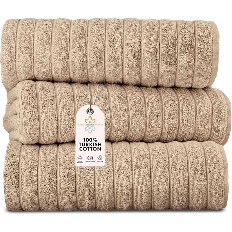 Classic Turkish Towels 100% Turkish Cotton Bath Sheets Plush Ribbed 3 Piece 40x65" - 40x65 - Almond Beige