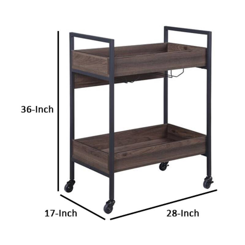 2 Tier Serving Cart with Wooden Shelves and Metal Frame, Brown